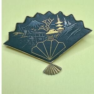 Amita Japan Black Gold Fuji Village Fan Brooch Pin